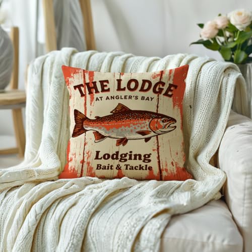 Rustic Fishing Throw Cushion Case 18x18 Inch Vintage The Lodge at Angler's Bay Trout Pillow Cover Cabin Man Cave Couch Sofa, Outdoor Fishing Decor Pillowcase (Orange) - color: Orange