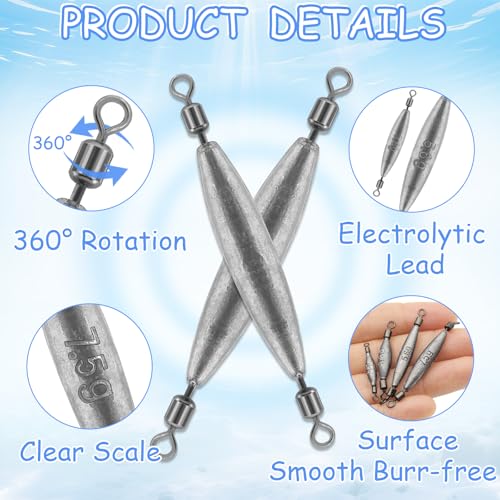 10 Pack Fishing Weights Sinkers Inline Trolling Fishing Weights | "Oval Lead Egg Sinkers with Double Barrel Swivels for Saltwater Freshwater Fishing" - size: 3/16oz-10pcs