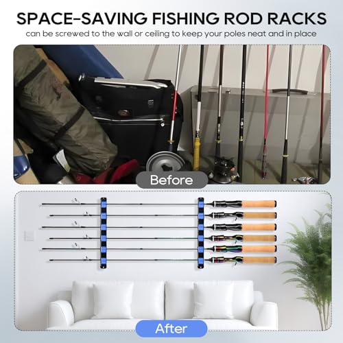 Axlksia Fishing Rod Holder Wall Mount, 1 Pair Fishing Pole Holders for Garage, Boats, 6 Fishing Rod Storage Racks (Horizontal Blue) - color: Horizontal Blue