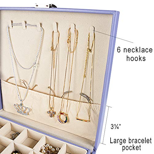Frebeauty Earring Organizer Classic Jewelry Box 50 Slots Double Layer Jewelry Storage Case with 6 Necklace Hook and Bracelet Pocket(Purple) - color: Purple