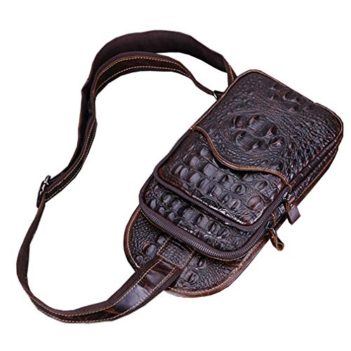Hebetag Crocodile Genuine Leather Sling Crossbody Bag for Men Travel Outdoor Hunting Hiking Camping Shoulder Chest Pack Backpack Daypack Coffee - color: #12coffee