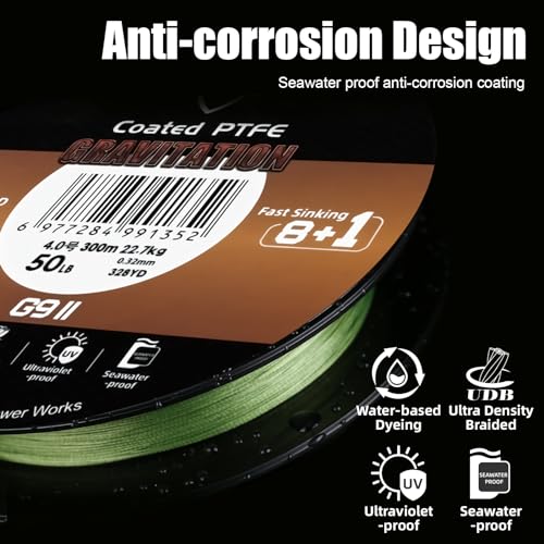 SeaKnight G9 II 8+1 Braide line, 9 Strands Braided Fishing Line Fast Sinking Fishing Line 164Yds/328Yds Seawater-Proof UV-Proof Coated PTFE Sea Fishing Line Braid 17-80LB - color: Yellow, size: 17LB(0.14mm)-164Yds