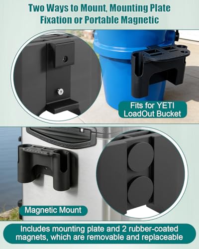 Fishing Rod Holder Fits for YETI Gear Bucket with Magnetic & Fixed Mount | Heavy-Duty Support Bracket with Magnet for Metal Surface, No-Drill Removable Storage Solution, Prevent Corrosion