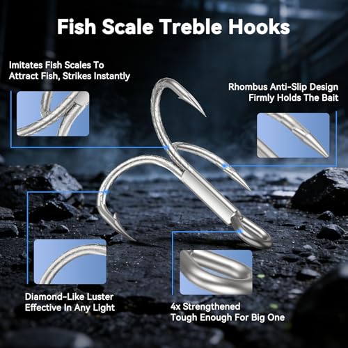 Treble Fishing Hooks, 4X Strong High Carbon Alloy Steel Triple Hooks, Sharp Barbed Fish Scale Pattern Fish Hooks,Freshwater Saltwater Sizes #8-3/0 - size: 6