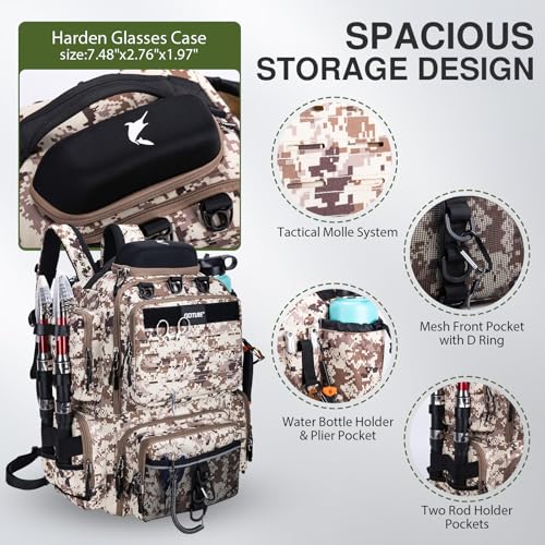 Goture Fishing Backpack, 900D Water-Resistant Tackle Backpack with Rod Holders, Hard Sunglasses Case, 45L Large Storage Gear Tackle Bag with Rain Cover, Bottle Holder for Travel Camping Hiking - color: A1:camo 1#, size: Without Tackle Boxes