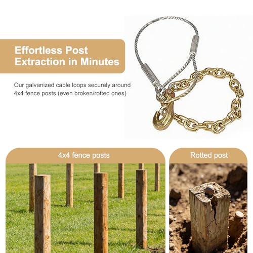 Fence Post Remover Tool with Galvanized Cable & Chain - Works with Jack/Lever, Effortlessly Extract 4x4 Fence Poles(Even Broken) for Residential/Agricultural Fence Repair