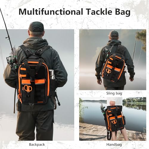 BASSDASH Convertible Fishing Backpack Sling Bag with Rod Holder, Adjustable Tactical Water-Resistant Tackle Storage Pack FP07 - color: Black/Blaze Orange, size: Large