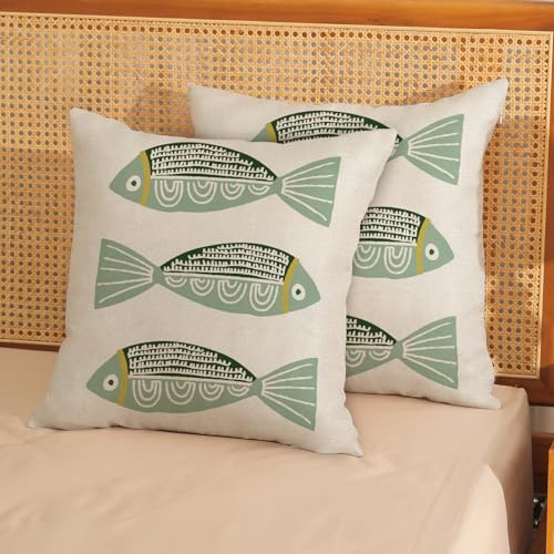 Coastal Pillow Covers 18x18 Inch Set of 2 Ocean Beach Green Fish Throw Pillows Summer Nautical Outdoor Decorative Pillow Cases Linen Farmhouse Cushion Cover for Couch Home Sofa Bedroom Decor - color: Green Fish, size: 18" x 18" (Pack of 2)