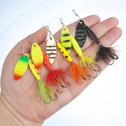 Spinner Baits Bass Lures Rooster Feather Tail Fishing Lures Trout Lures Hard Metal Inline Spinnerbaits for Bass Trout Pike Walleye Salmon with Tackle Box - style: B-10pcs-3"-0.27oz