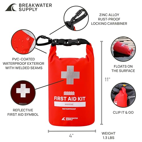 Breakwater Supply Waterproof Marine First Aid Kit for Boat, 100 Piece, Red | Boat Safety Tool Kit, AFAK Emergency Supplies in Dry Bag, IFAK Trauma Kit, for Kayaking, Jet Ski, Fishing, Surfing, Sailing