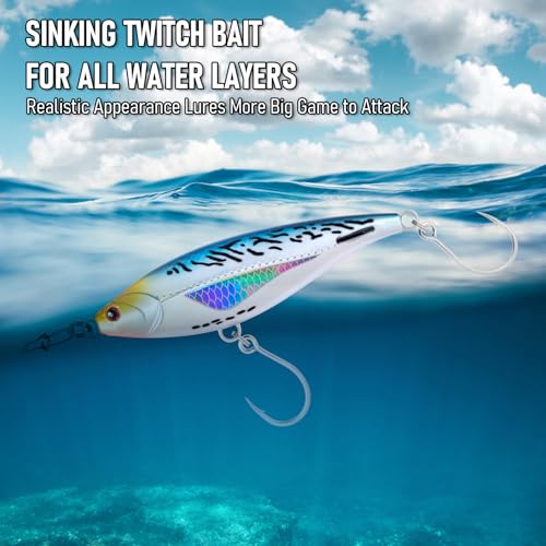 Alwonder High Speed Trolling Lures Saltwater Fishing Lures 6"/3oz Sinking Twitch Bait 7/0 Hook Deep Diving Jerkbait Fishing Plug Offshore Lure for Tuna Striper Mackerel - color: Chrome Blue Mackerel