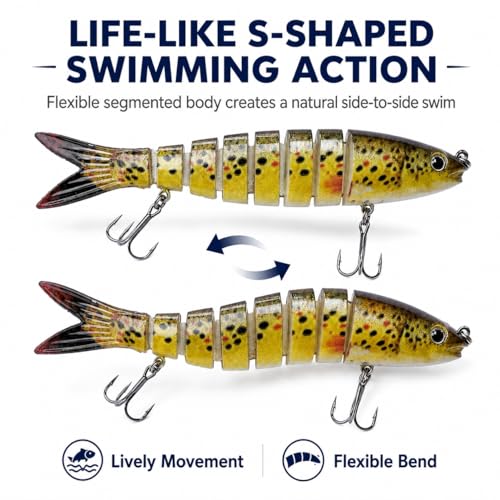 Bass Fishing Lures 3 Pack, 5.2in 8-Segment Jointed Swimbaits, Slow Sinking Hard Baits with Tackle Box, Life-Like Swimming Action for Bass Pike Walleye