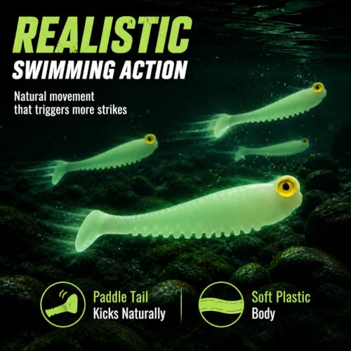 10Pcs Glow in The Dark Fishing Lures, Soft Plastic Swimbaits for Freshwater or Saltwater Use, Walleye Fishing Lures for Night Fishing Bass, Crappie, and Trout - color: Flash Yellow
