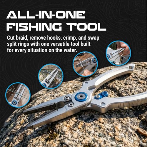 Reaction Tackle Aluminum Fishing Pliers with Tungsten Carbide Cutters, Braid Cutter, Hook Remover and Crimper, Saltwater Corrosion Resistant with Sheath and Lanyard - size: Split Ring