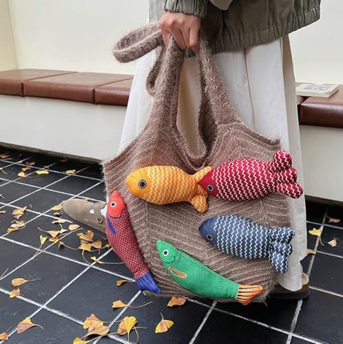 Knitted Beach Shoulder Bag for Women 3D Fish Bohemian Tote Versatile Purse Soft Hobo Handbag for Summer Vacation 2026 - color: E Khaki