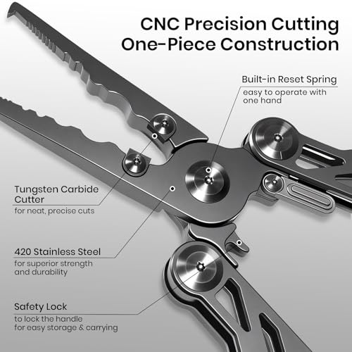 Pristis Foldable Fishing Pliers with Multitools, Saltwater Resistant Titanium Coated Stainless Steel, Portable Full-Sized Forceps with Tungsten Line Cutter, Ring Splitter, Hook Remover and Multi Tool
