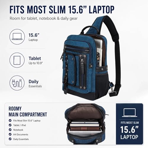 Cross Body Bag for Men: Large Canvas Sling Backpack Messenger Bag Fits 15.6 Inch Laptop for Work Commute - color: Dark Blue, size: Large