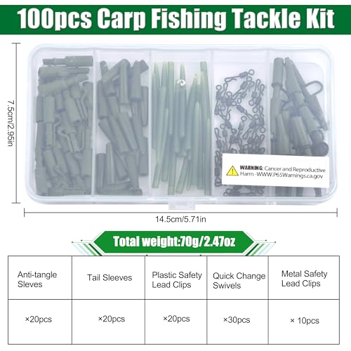 Carp Fishing Tackle Kit 100pcs Carp Fishing Terminal Tackle Set Safety Lead Clips Anti-Tangle Sleeve Quick Change Swivel Tail Rubber Carp Fishing Accessories with Box