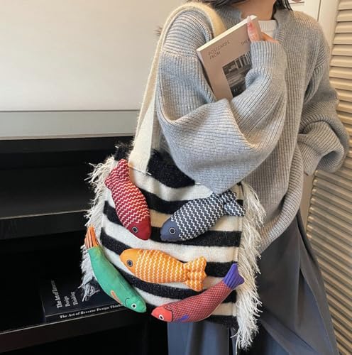 Knitted Beach Shoulder Bag for Women 3D Fish Bohemian Tote Versatile Purse Soft Hobo Handbag for Summer Vacation 2026 - color: C White