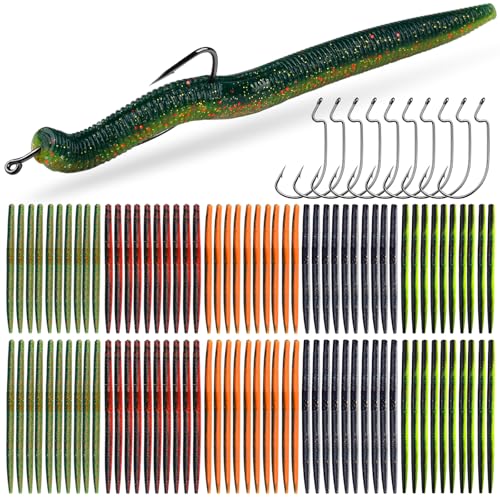 Soft Plastic Worm Bass Fishing Lures, 4"/5" 50/100pcs Plastic Fishing Lure Wacky Worm Rig + 10pcs Grub Baits Hook, Soft Worms Lure Set for Bass (110 Pack) - color: 058-110PCS-4/5 Inch