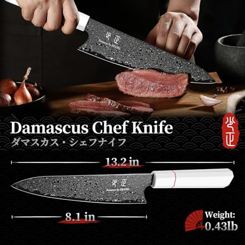 DRGSKL Damascus Chef Knife 8 Inch - VG10 Kitchen Knife for Meat Cutting - Japanese G10 Handle - Sharp Cooking Knives for Vegetables and Fruit - with Gift Box - size: 8.1 inch