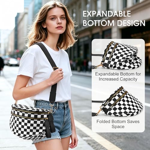 Checkered Nylon Crossbody Bag Bum Bag for Women Mom Large Checkered Fanny Packs with Adjustable Strap - color: Black Checkered