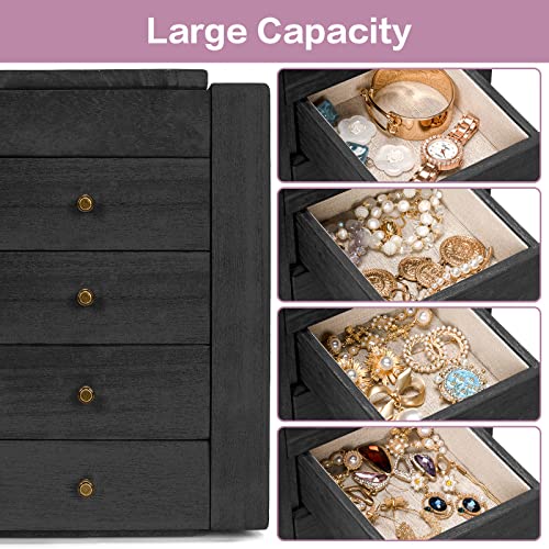 Meangood Jewelry Box Wood for Women, 5-Layer Large Organizer Box with Mirror & 4 Drawers for Rings, Earrings, Necklaces, Black - color: 5 Layer Black, size: 5 Layer