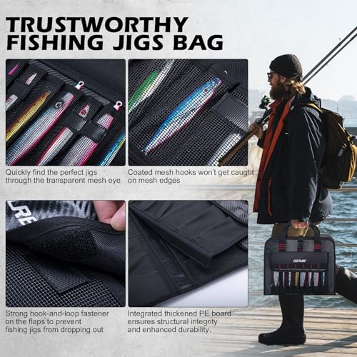 Goture Fishing Jig Bag,34 Mesh Pockets Portable Water-Resistant 600D PU Fishinig Lure Bag Saltwater Freshwater,Detachable Compartment, Suitable For Vertical Jig Slow Pitch Jigging Bait Tackle Storage - color: C:14.96"x11.81"