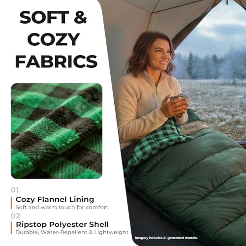 Cotton Flannel XXL Winter Sleeping Bags for Adults Big and Tall,Cold Weather 90x39 Inch Camping Sleep Bag,Waterproof Machine Washable 4 Season Outdoor Camping Gear,2-Way Zipper - color: Green, size: 5.3lb(40-50℉)