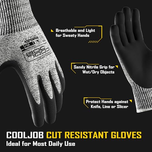 COOLJOB A3 Cut Resistant Safety Work Gloves with Nitrile Grip, Touchscreen & Flexible for Gardening Fishing Construction - color: A3 Grey (Pack of 3), size: X-Large