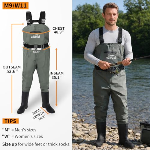 Fishing Waders for Men & Women, Waterproof 2-Ply Nylon/PVC Chest Wader with Boots for Outdoor Sizes 4-13 Bootfoot - color: Grey, size: US-M9/W11