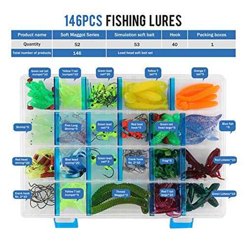 Pure Vie Fishing Topwater Lures Kits Mixed Universal Artificial Soft Baits Tackle Including Crankbaits, Spinnerbaits, Plastic Worms, Frogs, Hooks, Tackle Box - Freshwater Saltwater Fishing Equipment - color: 146 Pieces