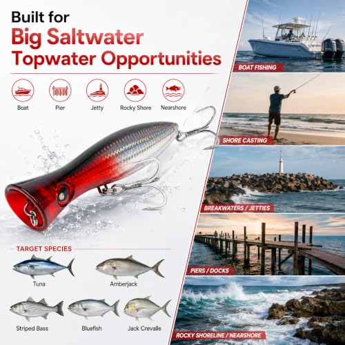 6.2 Inch 2.73 oz Saltwater Topwater Popper Fishing Lures with 3/0 4X Strengthened BKK Treble Hooks, Through-Wire for Strength & Durability, Target GT, Tuna, Sea Bass, Marlin - color: B1-2.73OZ-6.2''
