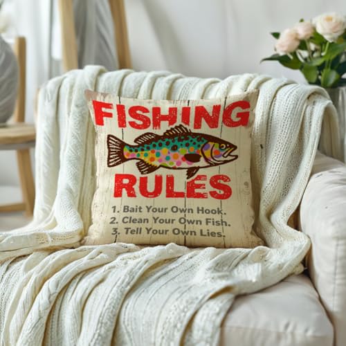 Rustic Fishing Throw Cushion Case 18x18 Inch with Fishing Rules Pillow Cover for Lake House Cabin Man Cave Couch Sofa Outdoor Funny Fish Decor Pillowcase (Beige Grey) - color: Beige Grey