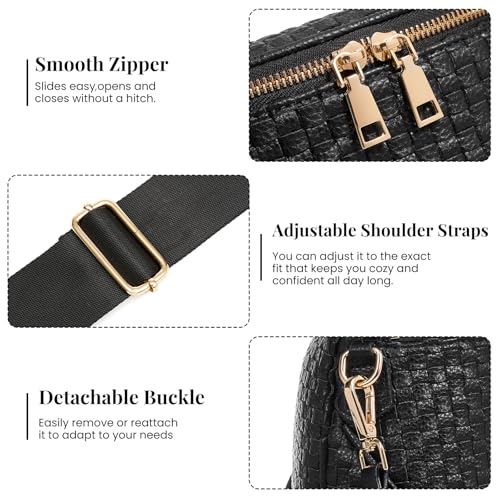Woven Vegan leather Crossbody Bags For Women, Checkered Fashion PU Bum Bag Waist Pack, Travel Sling Purse with Adjustable Strap（Dark Black) - color: Dark Black