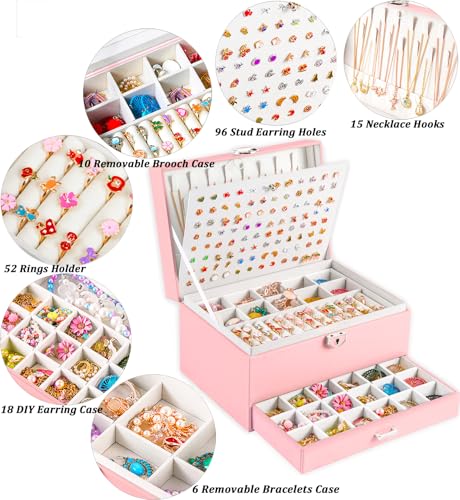 QBestry Earring Jewelry Box for Girls Pink, 5 Layers Jewelry Organizer with Lock Key Jewelry Boxes for Women Necklace and Earring Holder Organizer for Girls Teen Jewelry Box Earrings Case Xmas Gifts - color: Pink, size: Large