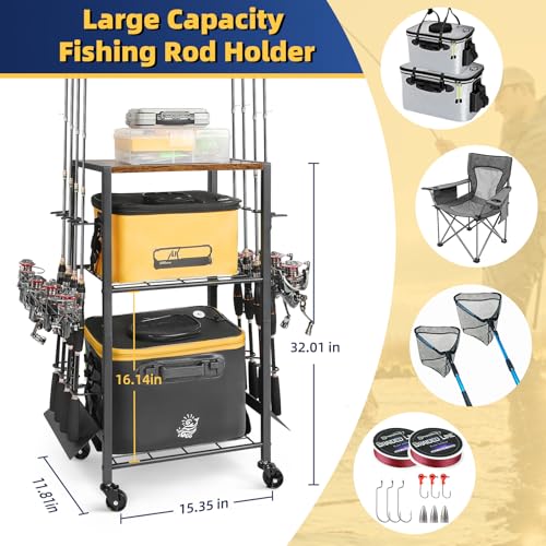 Olakee Fishing Rod Holders, Rolling Fishing Rod Rack for Garage & Boat, Tackle Box & Reel Holder Cart, Easy Assembly Fishing Gear Management System, Ideal Birthday Gift for Men Dad Anglers - color: 8 Rods,Carbonized Black