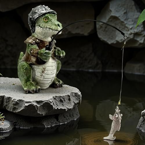 Garden Dinosaur Pond Statues Decoration, Fishing Dinosaur Garden Statue Outdoor Koi Pond or Waterfall Decor, 7.1" Crocodile Fishing Poolside Statue, Animals Patio, Lawn Additional, Gifts for Mom - color: Fishing Dinosaur