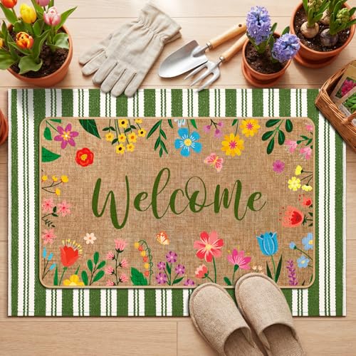 Tinideya 2 Pcs Summer Floral Door Mat Outdoor Wildflower Welcome Doormat for Front Door Linen Rubber Layered Flower Stripes Doormat Non Slip Summer Rugs for Porch Entryway Outside Floor Decor - size: 16 x 28 Inch,24 x 35 Inch, style: Welcome