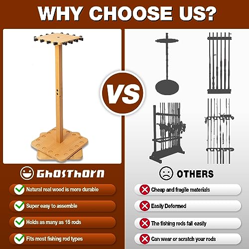 Ghosthorn Fishing Rod Holders for Garage 360 Degree Rotating Fishing Pole Rack, Floor Stand Holds up to 16 Rods Wood Fishing Gear Equipment Storage Organizer, Fishing Gifts for Men Women - style: nature-new