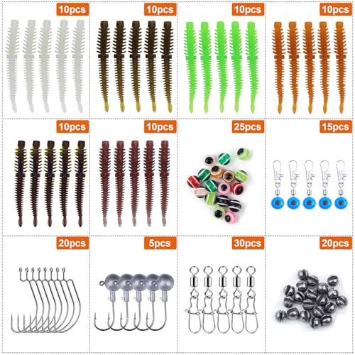 175 Pcs Fishing Soft Lures TPE Threaded Bait Equipment Tackle Gear Box for Bass, Fish Kit with Soft Lures,Hooks, Accessories Tools,Spinner, Beans,Plastic Bait, Swimbait,Crankbaits