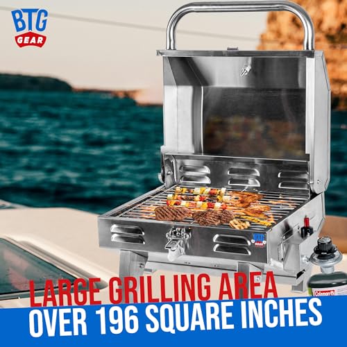 Tailwaves Marine Boat Grill w/Rod Holder Mount | Stainless Steel | Propane Boats & Tailgating & Camping | Built in Thermometer | Portable | Fold-away legs