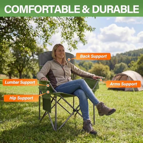 Oversized Camping Chairs 2 Pack - Heavy Duty 400LBS Padded Lawn Chair with Cooler Bag,Cup Holder,Side Pocket,Collapsible for Outdoor,Camp,Fishing & Garden,Olive Green - color: Olive Green