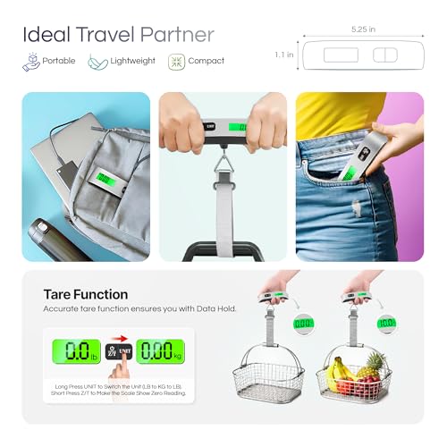 Digital Luggage Scale 110 lb / 50 kg, Portable Suitcase Weight Scale with Backlit LCD Display, 4 Units, Heavy-Duty Strap Hook, Compact Travel Scale, Included 150cm Soft Measuring Tape & Battery