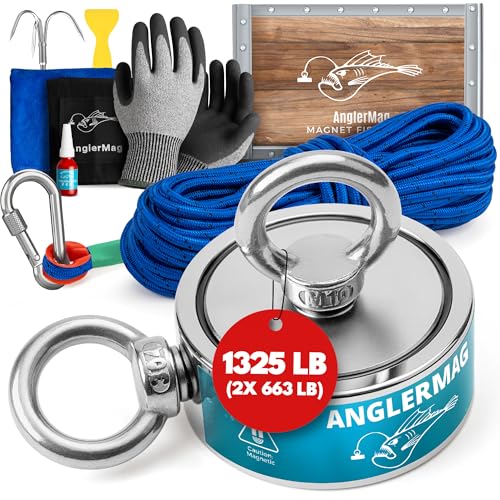 AnglerMag Magnet Fishing Kit - 1325 lbs Double Sided Neodymium Magnetic Fishing Stuff with Rope - 10 PCS Extra Strong Complete Gift Set with eBook, Carabiner, Gloves, Grappling Hook & Carrying Bag - size: 1325 LB