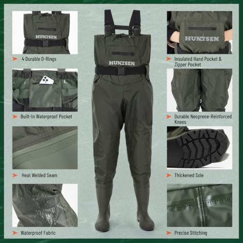 HUNTSEN Fishing Waders for Men Women - 2-Ply Nylon/PVC Waterproof Hunting Chest Waders with Boot Hanger&Phone Case, Size9-13 - color: Green, size: 11