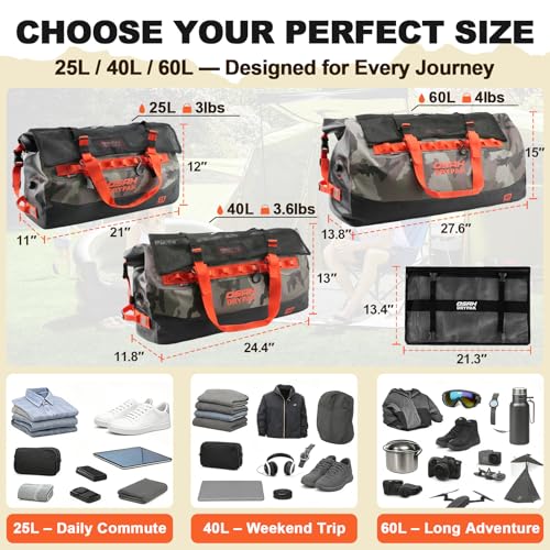 OSAH DRYPAK Waterproof Duffel Bag 25L/40L/60L – Heavy-Duty Motorcycle Tail Bag, Roll-Top Dry Bag for Travel, Camping, Boating, Kayaking, Outdoor Adventure - color: CAMOUFLAGE, size: 40L