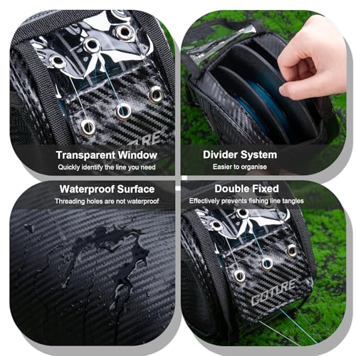 Goture 3/6 Outlet Holes Fishing Line Storage Bag, 2 Sizes Clear View Window Fishing Line Case, Removable Divider Fishing Line Organizer, Water-Resistant Surface, Tangle-Free Leader Line Spool Bag - color: 3 Hole - Bag & 3Pcs Blue Braided Line