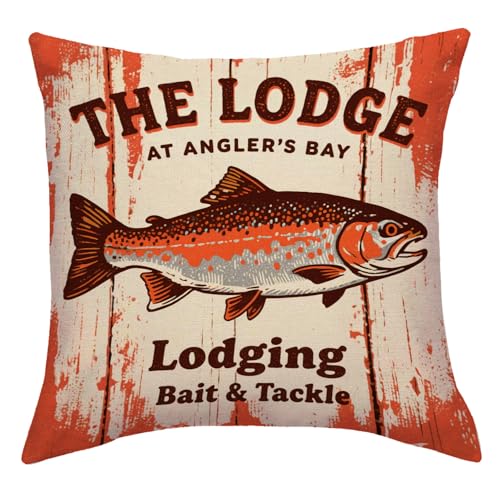 Rustic Fishing Throw Cushion Case 18x18 Inch Vintage The Lodge at Angler's Bay Trout Pillow Cover Cabin Man Cave Couch Sofa, Outdoor Fishing Decor Pillowcase (Orange) - color: Orange