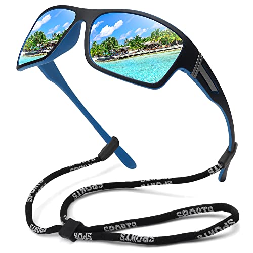 STORYCOAST Polarized Sports Sunglasses for Men Women Unbreakable Frame Cycling Fishing Driving - color: Black Frame-blue Mirror Lens